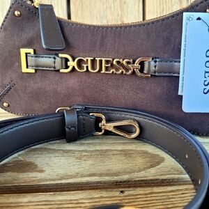 GUESS Suede Northlake Small Chocolate Tote With Crossbody Strap Handbag